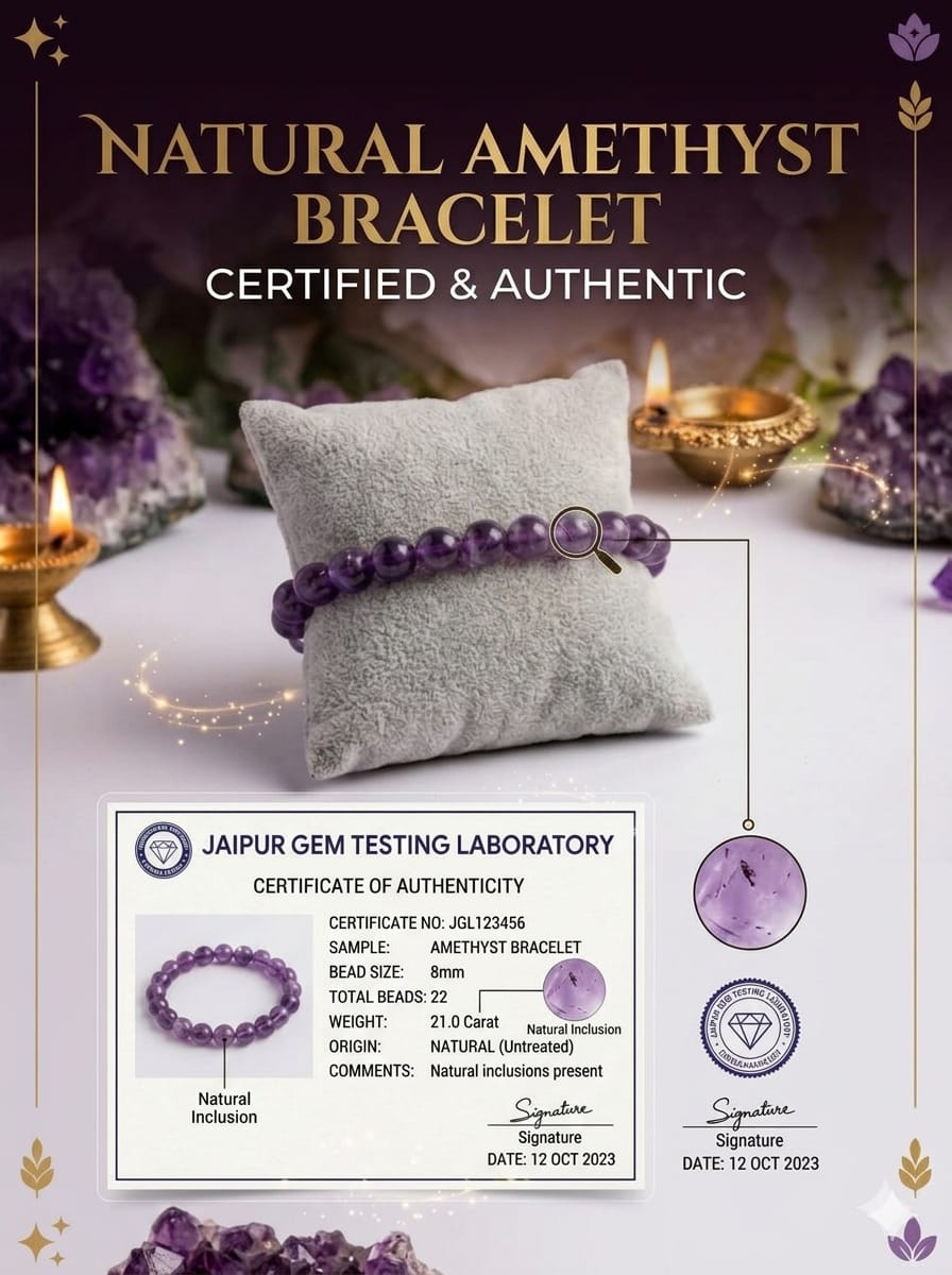 Natural Certified Amethyst (Katela) Crystal Bracelet for Stress Relief and Mental Peace (8mm Beads)