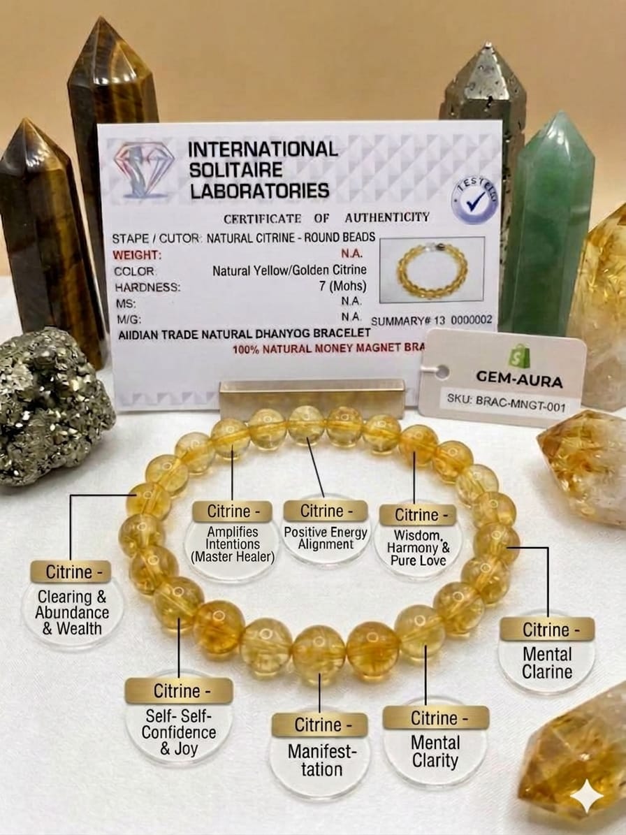 Natural Certified Yellow Citrine (Sunhela) Crystal Bracelet for Wealth, Success & Prosperity (8mm Beads)
