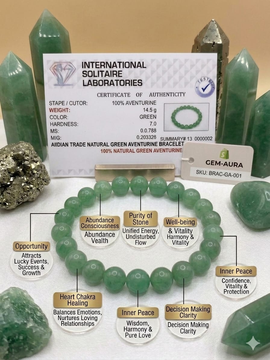 Natural Certified Green Aventurine Crystal Bracelet for Good Luck, Wealth & Abundance (8mm Beads)