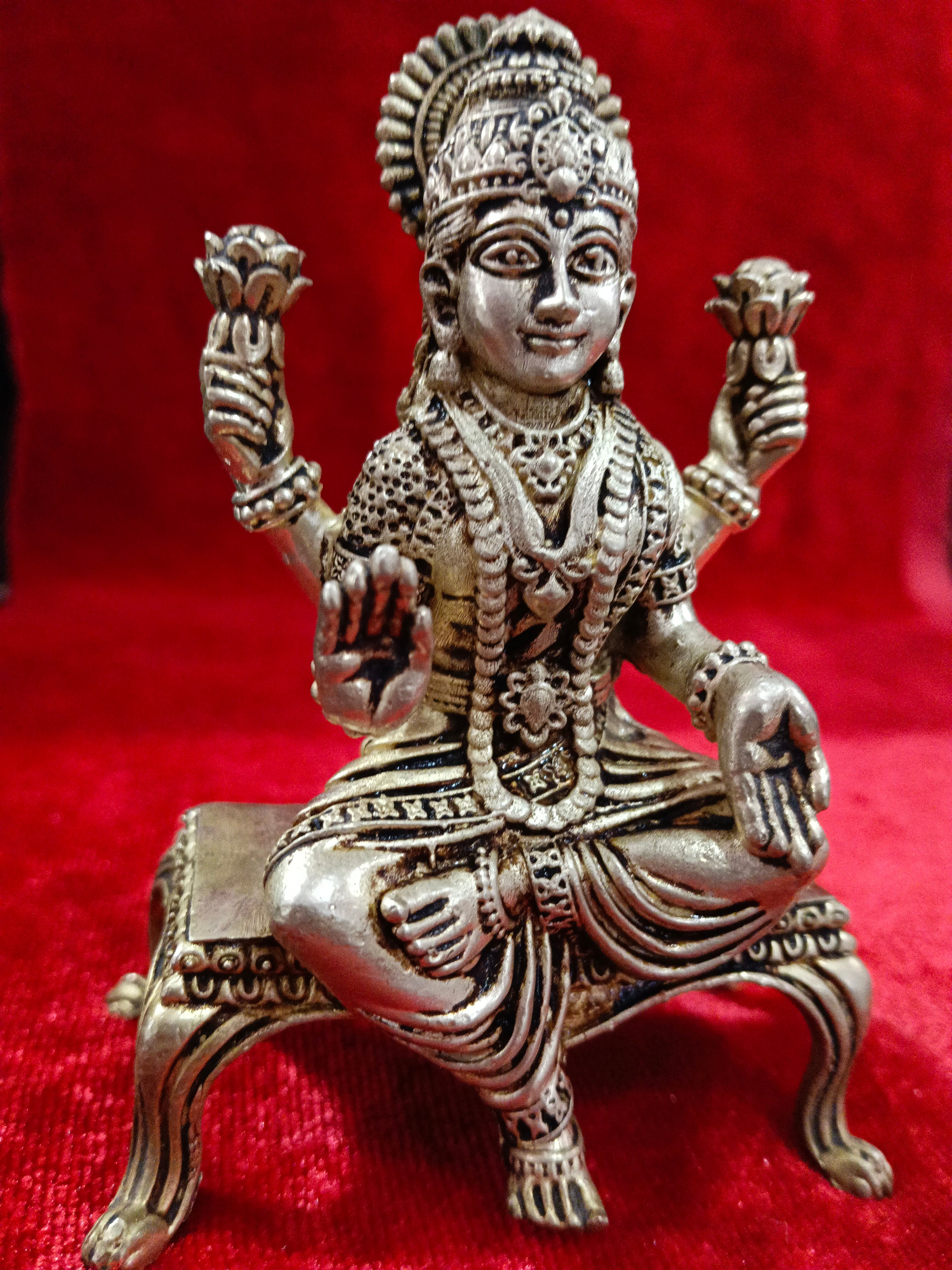 Premium brass oxidized lakshmi Mata on raj singhasan idol (5inch)