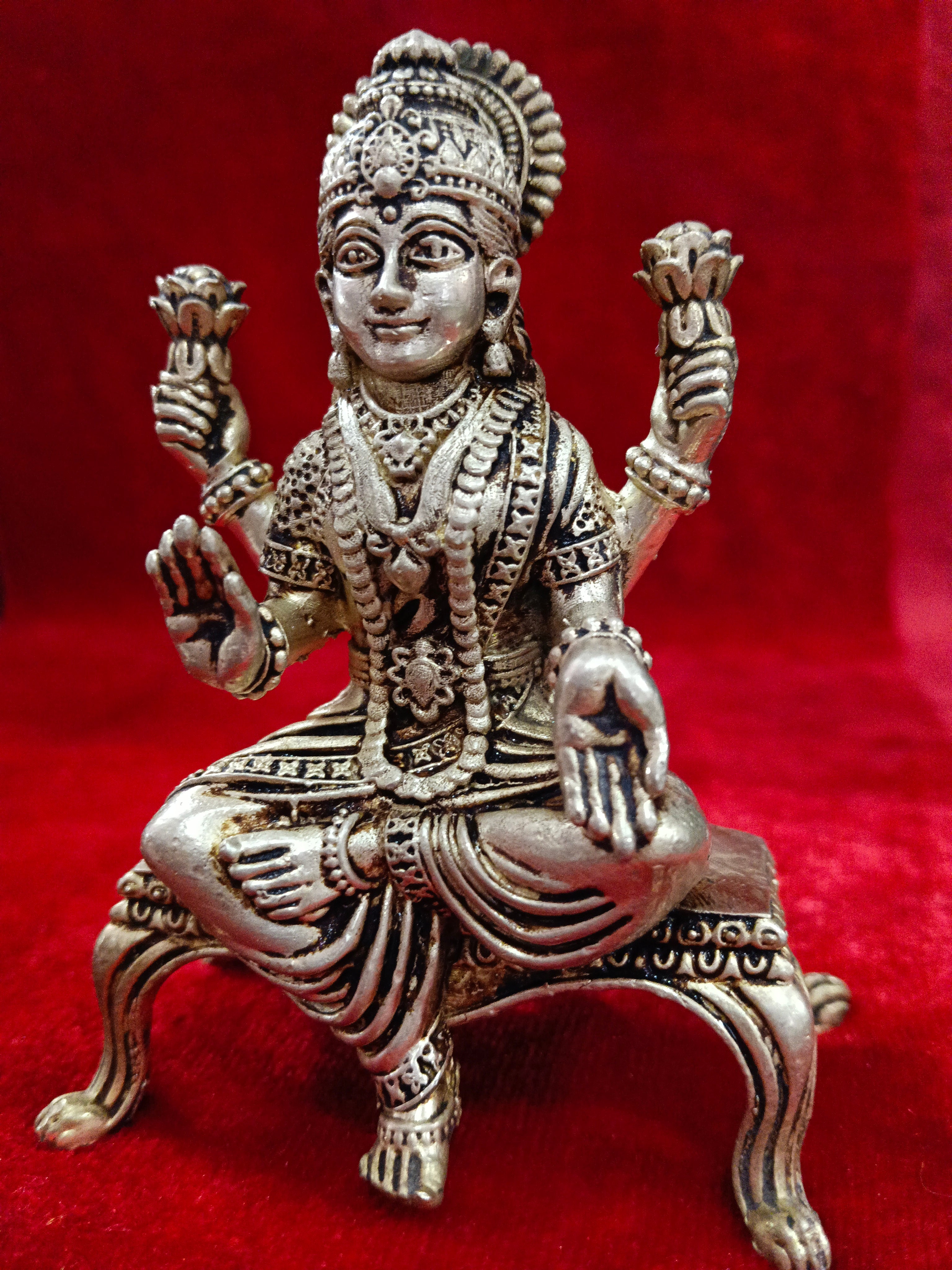 Premium brass oxidized lakshmi Mata on raj singhasan idol (5inch)